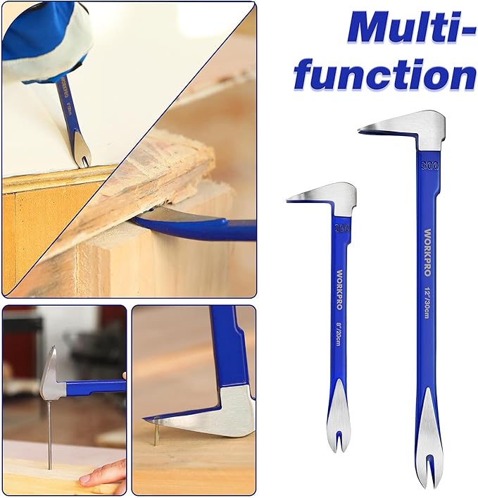 WORKPRO 2-Piece Nail Puller Set, 12” Pry Bar, 8” Mini Crowbar, Cats Paw Nail Remover, Claw Bar, for Kitchen Remodel, Prying Apart Baseboard, Multi-sided Forged Steel Made