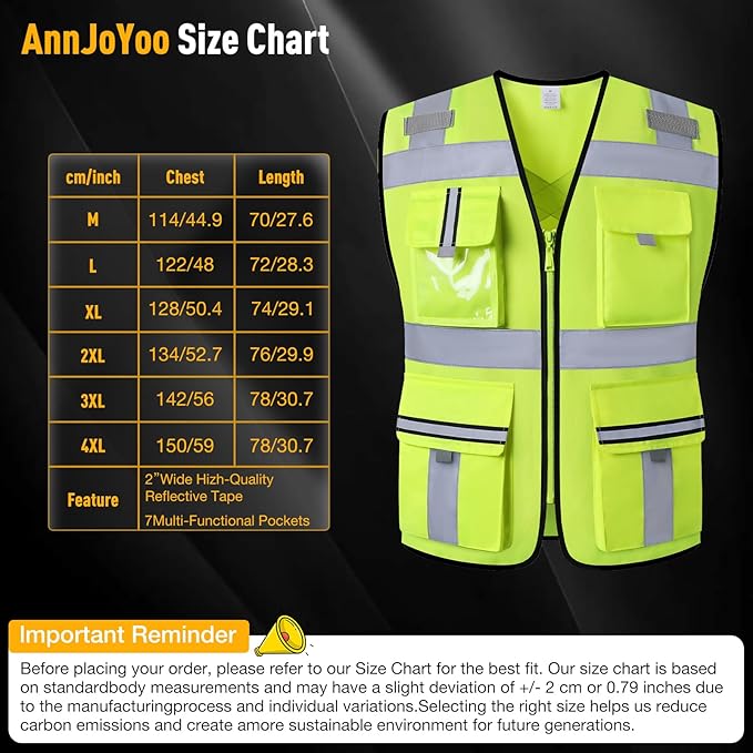 Class 2 Safety Vest with Zipper Front and multiple Pockets, High Visibility Vest, Meets ANSI/ISEA Standards