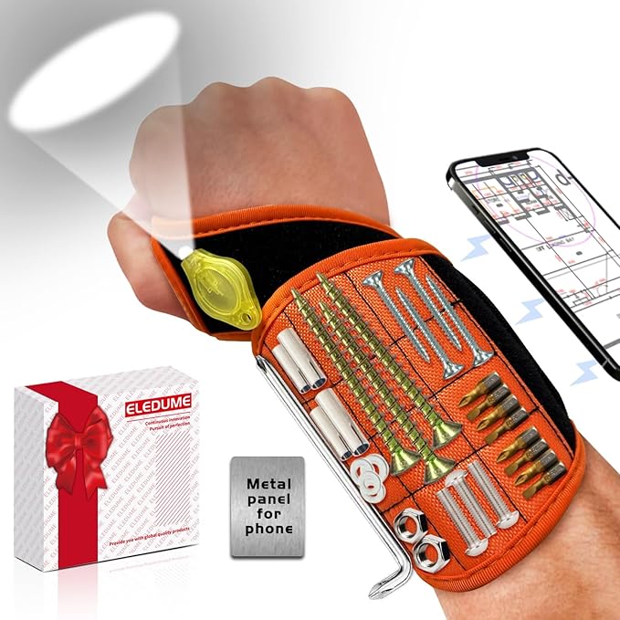 Magnetic Wristband with Flashlight & Magnet Pedal for Holding Screws, Magnetic Wristband Tool Belt for Holding Screws Nails Drill Bits, Cool Handy Gadget Gifts for Fathers, Husband Who Have Everything