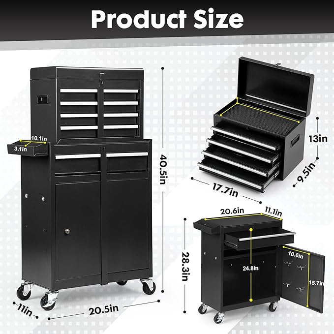 5-Drawer Rolling Tool Chest with Wheels - High Capacity Tool Cabinet with Detachable Top Toolbox for Garage and Workshop Organization - Metal Tool Cart with Liner & 4 Hooks, Black