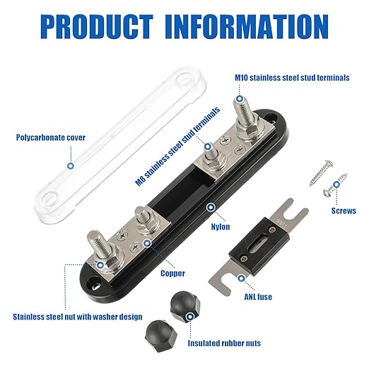 BOJACK ANL Fuse Holder with 400 Amp ANL Fuse, ANL Fuse Block with 2 Pieces 400A ANL Fuse, M10 Stud Terminals Maximum Current 750A, for Trucks, Cars, Ships, etc.