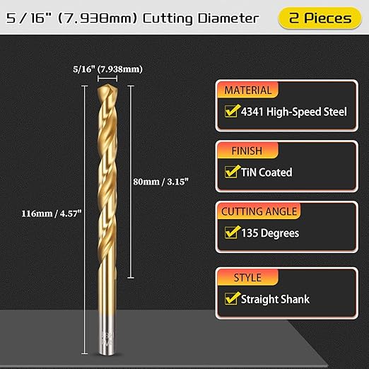 Drill Bit, 5/16" Cutting Diameter, 4341 HSS TiN Coated 135° Cutting Angle Jobber Bits - (Applications: for Drilling Soft Metal Plastic Wood), 2-Pieces