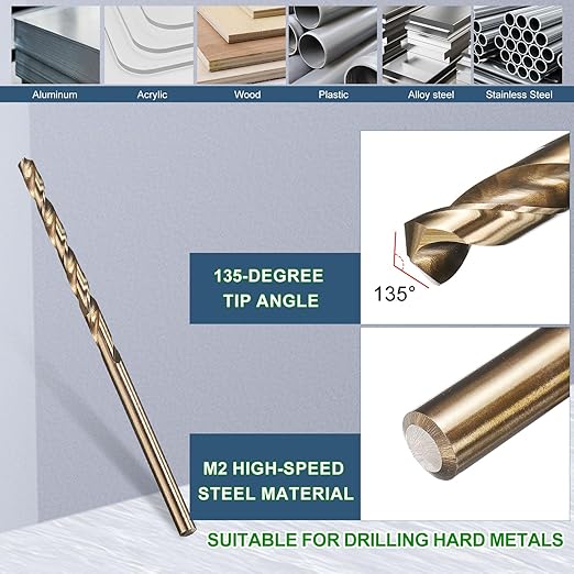 METALLIXITY Drill Bit (#58) 12Pcs, M2 High-Speed Steel Micro Number Bits Spiral Flute 135°Point Tip Gold Finish for Stainless Steel Iron Copper Aluminum Hard Metal