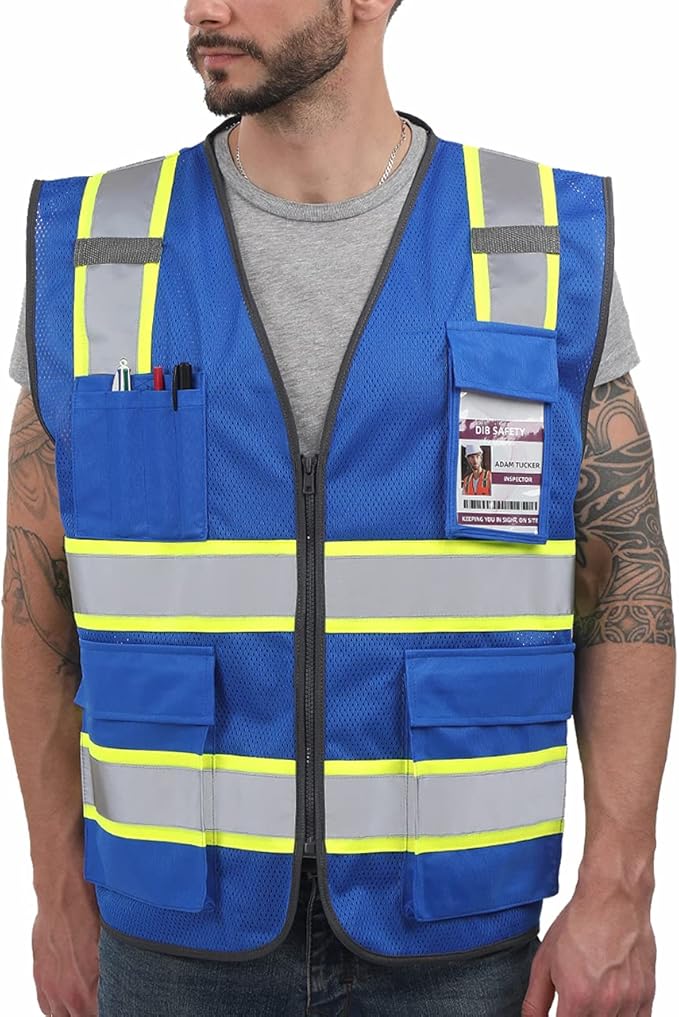 Dib Safety Reflective Mesh Vest High Visibility Two Tone with Pockets and Zipper, Blue Mesh with Yellow Trim M