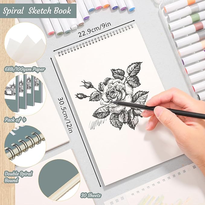4 Pack Sketch Book, 9 x 12 Inch Sketchbook, 68lb/100gsm Top Spiral Bound Sketch - Image 2