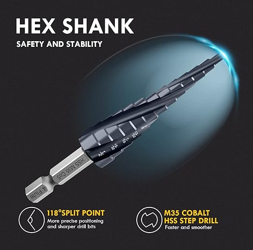 Four Sprial Flute M35 Cobalt Step Drill Bit, 1/8"-1/2" Ultra TiAIN Coated Unibit Step Bit, 1/4" Hex Shank Drill Bit for Metal, Stainless Steel, Aluminum, Copper, Wood, PVC