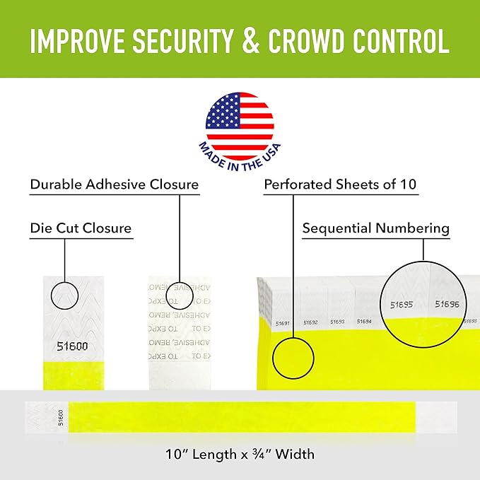 1,000 WristCo Neon Yellow Tyvek Wristbands for Events - Tamper-Proof Design & Fluorescent Color Prevent Reuse Premium-Grade Bracelets for Hospital & Medical ID, Party & VIP Identification