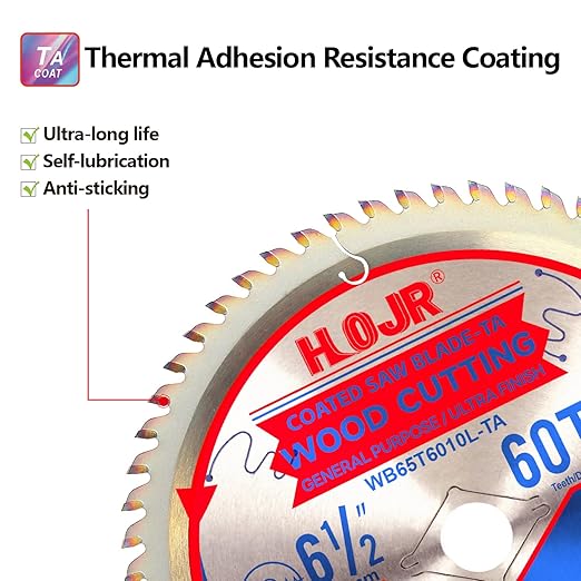 Circular Saw Blades Woodworking TA Series,6-1/2" 60-Tooth 5/8" Arbor,Ultra Finish/General Purpose,Special Anti-Thermal Adhesion Coating on Cutting Edges -TA,High Finish,Long Life,6-1/2" 60T TA