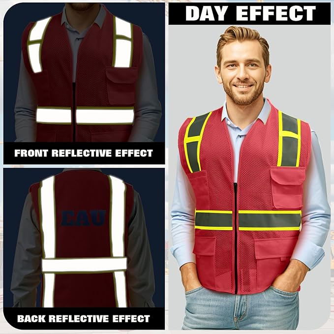 BeautyWill Custom Safety Vest Customized Logo Class 2 High Visibility Reflective Vest with Pockets Construction workwear