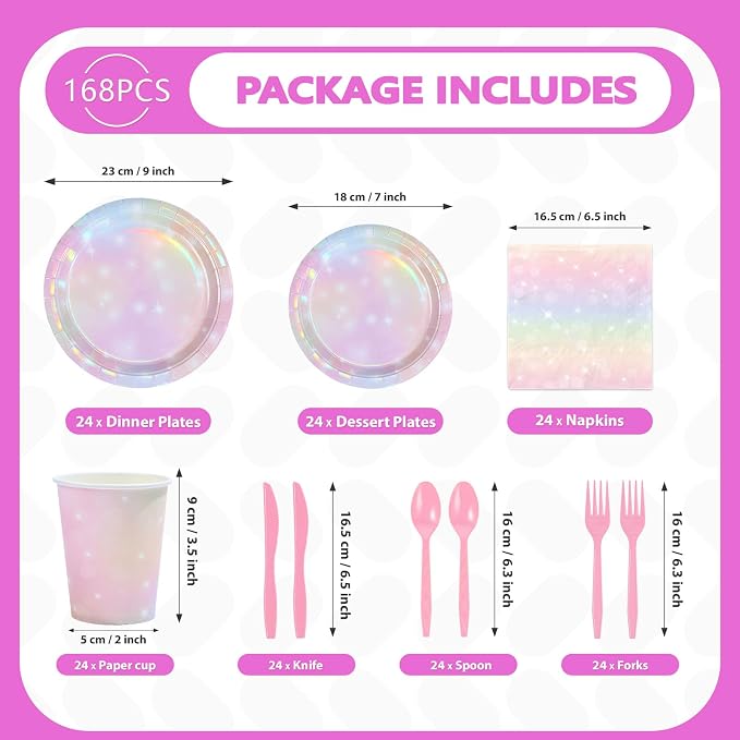 168Pcs Pink Pastel Rainbow Party Decorations Pink Iridescent Plates and Napkins - Image 2