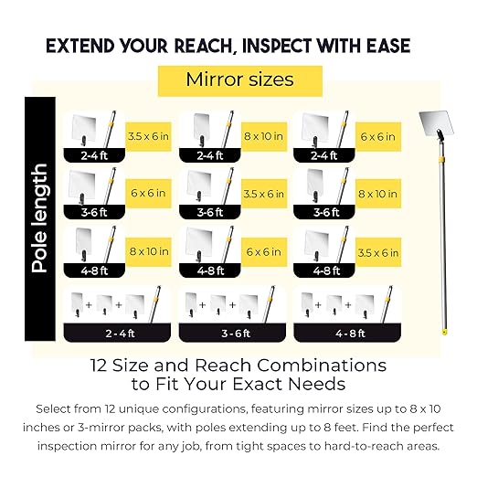 Inspection Mirror Telescoping Pole, Lightweight & Durable, 3 ft - 6 ft Pole, 8 x 10 inch Acrylic Mirror