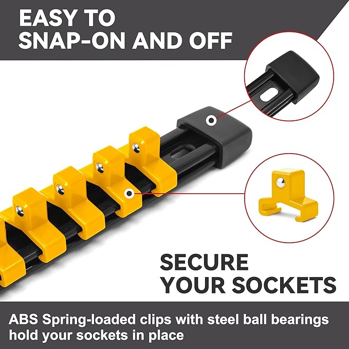 ALOANES 9 PC ABS Socket Organizer, 1/2 inch, 3/8 inch and 1/4 inch Drive Socket Rail Holders, Heavy Duty Socket Racks, Black Rails with Yellow Clips