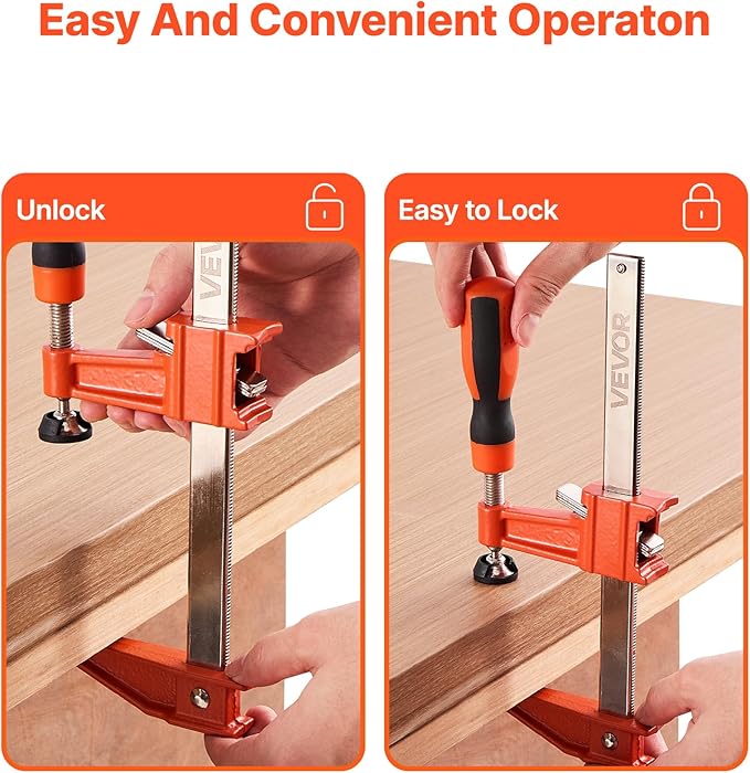 VEVOR Bar Clamps for Woodworking, 2-Pack 6 inch and 2-Pack 12 inch, Lockable F-Clamp with 600 lbs Load Limit, 2-1/2 inch Depth, Cast Iron and Carbon Steel, Wood Clamps for Woodworking Metal Working