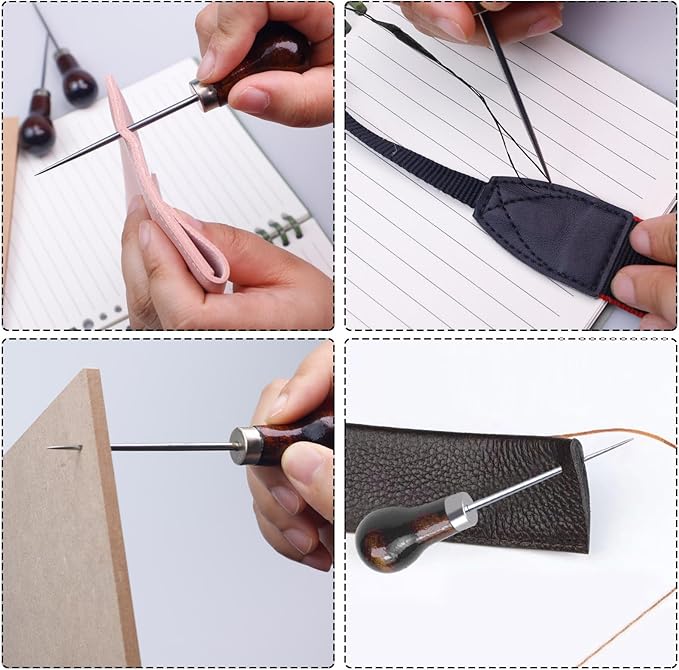 6 PCS Awl Tool, Gourd Shape Wooden Handle Scratch Awl Tool, Awl Tool Sewing for Leather Craft Cloth Pouch Hole DIY Handmade Maker Tool