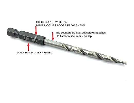 FTG USA Adjustable Wood Countersink Drill Bit #6 (9/64") with 3 Tapered Drill Bits for Woodworking