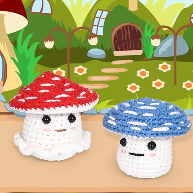 Crochet Kit for Beginners: 2 PCS Red & Blue Mushroom Starter Crochet Kits - Image 2