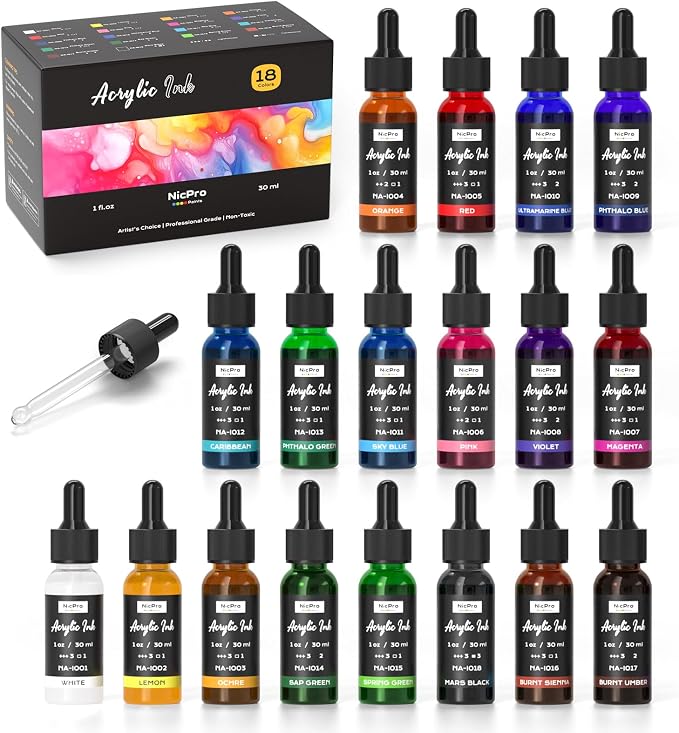 Nicpro 18 Colors Acrylic Ink for Artists, 1-oz Bottle by Nicpro