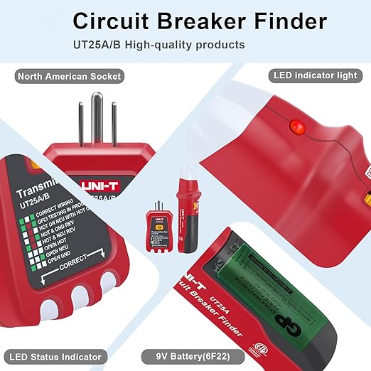 UNI-T AC Circuit Breaker Tracer Finder Tool with Adaptor & Electrical Integrated GFCI Outlet Tester, 90-120V Adjustable Sensitivity Beep Indicattion Alligator Banana Clip Adaptor