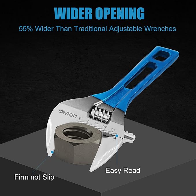 Lichamp 8-Inch Stubby Adjustable Wrench with 44 mm Wide Jaw Opening for Plumbing Automotive and Industry Tight Spaces Work