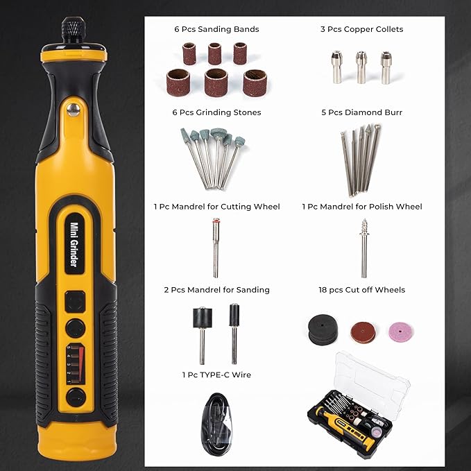 7.2V Cordless Grinder Tool with Battery & Charger, 5Speed Adjustment, LED Light, 65 Piece Accessory Kit| Cutting/Polishing Wheels, Diamond Burrs, Sanding Bands| Mini Grinder Set
