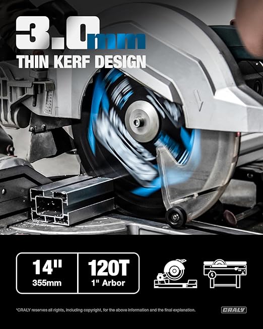 CRALY 14 Inch 120 Teeth Aluminum and Non-Ferrous Metal Cutting Circular Saw Blade, 1 Inch Arbor, Carbide Tipped, Thin Kerf, Black Ice Coating, for Medium Aluminum, Plastic, Composite(C14120AL)