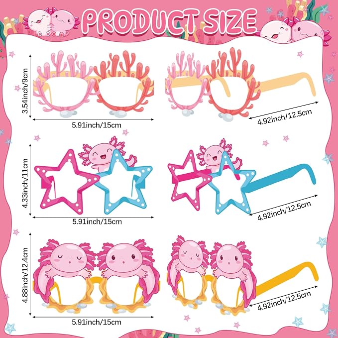 Pajean 36 Pcs Axolotl Birthday Decorations Eyeglasses Pink Axolotl Themed Paper - Image 2