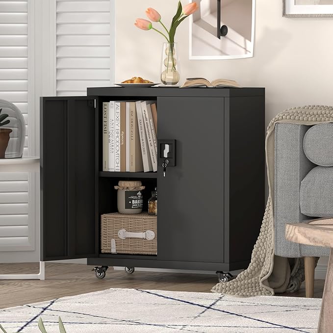 Metal Garage Storage Cabinet with Wheels,31.89" H Steel Lockable Cabinet with 2 Doors and 1 Adjustable Shelf, Small Rolling Cabinets for Home Office, Garage, Black