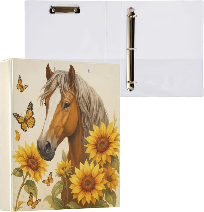 Horse Round Ring Binders 1.5 Inch Butterfly Sunflower 3 Ring Clipboard Binder - Image 8