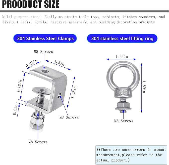 6-Pack Small C Clamps – 304 Stainless Steel Beam Clamps with M8 Screw Ring | Adjustable, Rust-Resistant I Beam Clamps for Ring Beams, Welding, Woodworking, Plants & Desk Use. Wide Jaw Openings (30MM)
