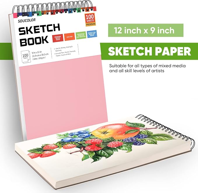 Soucolor 9x12 Sketch Book 2-Pack, 100 Sheets, Spiral Bound | 68lb acid-free - Image 5