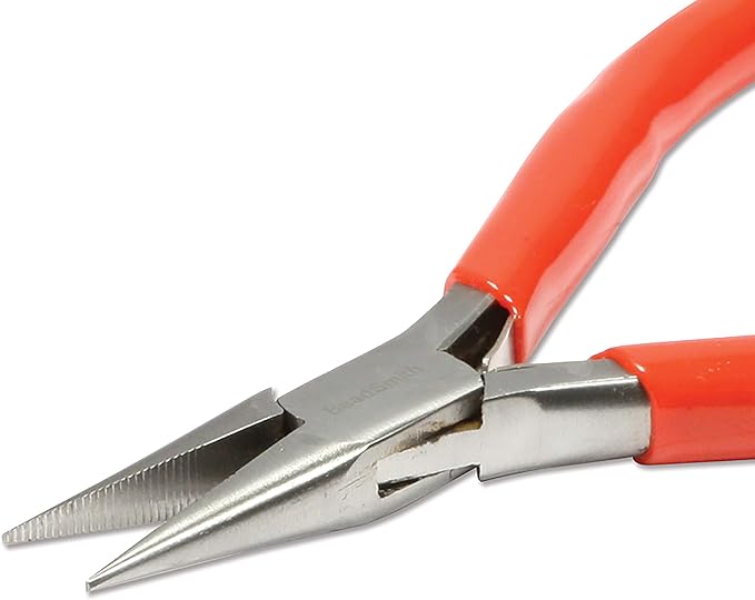 The Beadsmith Slim Line Serrated Chain Nose Pliers, 4.75 inches (120mm) with polished steel head, red PVC comfort grip handle with double-leaf spring, tool for jewelry making