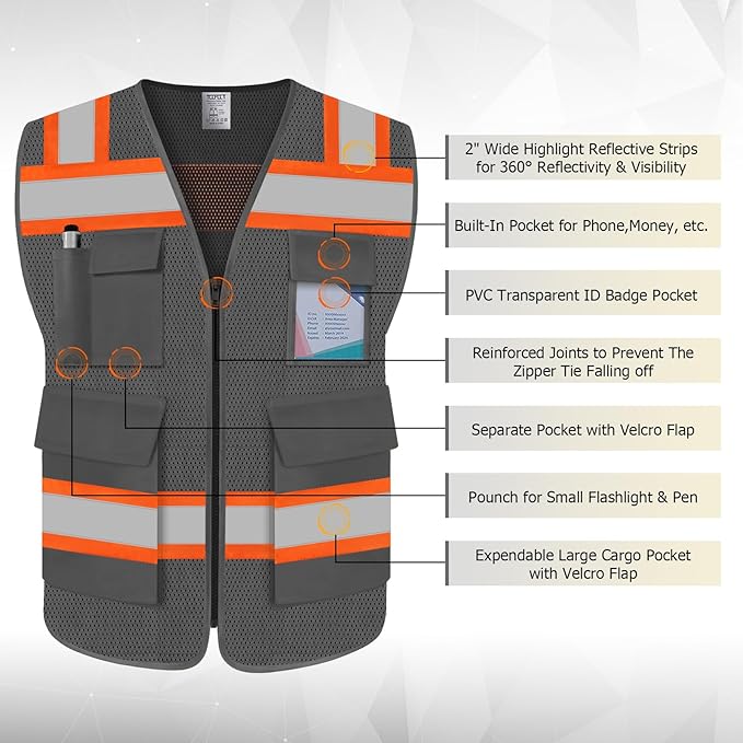 TCCFCCT Reflective Vest 5 Pockets Mesh Safety Vest with Reinforced Zipper, High Visibility Surveyor Work Vest for Men Women with Fluorescent Orange Edge, Durable to Use, Meets ANSI/ISEA,DW-Grey, 4XL