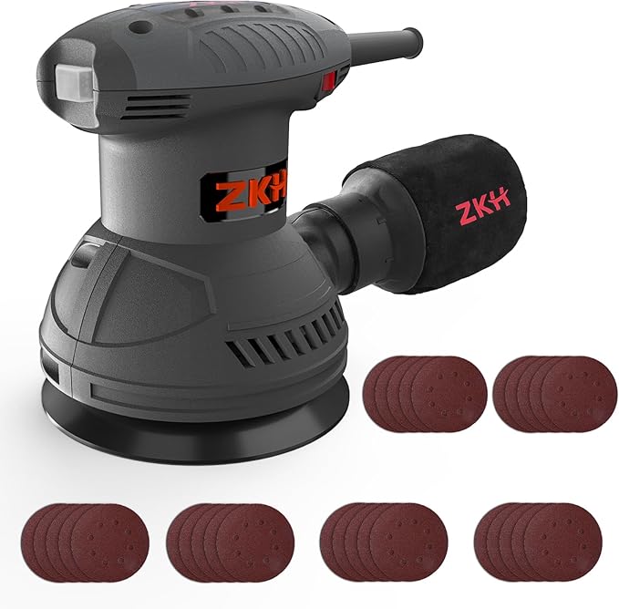 ZKH Random Orbital Sander, 6 Speeds 2.5A sander tool, 7000-14000 RPM, 5-inch Electric Sander Kit with 30pcs Sandpapers, Dust Collector, Ideal Power Palm Sander for Woodworking