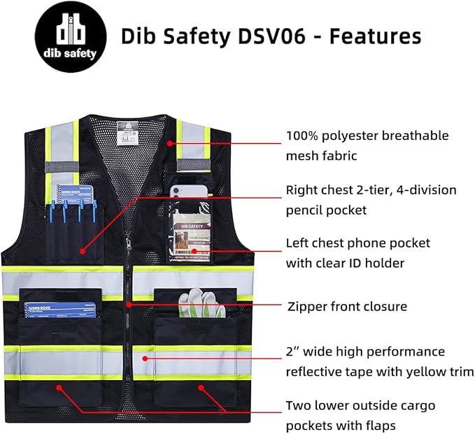 Dib Safety Reflective Mesh Vest High Visibility Two Tone with Pockets and Zipper, Black Mesh with Yellow Trim 2X