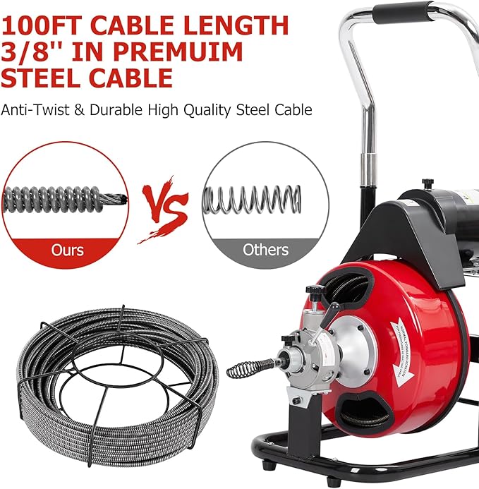 100 FT x 3/8 Inch Drain Cleaner Machine with 370W Motor, Auto Feed Sewer Snake Auger with 8 Cutters & Air-activated Foot Switch, Semi-Enclosed Drum Drain Cleaning Tool for 2" to 4" Pipes