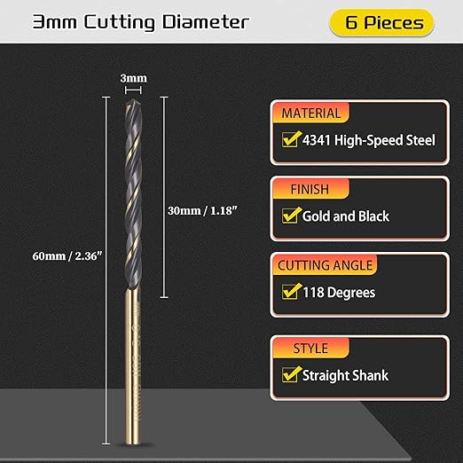 Drill Bit, 3mm Cutting Diameter, 4341 HSS Gold and Black 118° Cutting Angle Number Jobber Bits - (Applications: for Drilling Soft Metal Plastic Wood), 6-Pieces