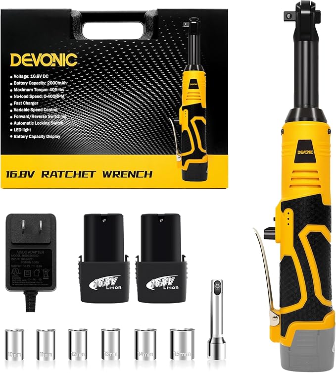 XGOLD 16.8V Cordless Ratchet Wrench 3/8 Set,40FT-LBS (45N.m) Electric Ratchet,Electric Socket Wrench With 2 Batteries,6 Sockets,1/4” Adapter And Fast Charger