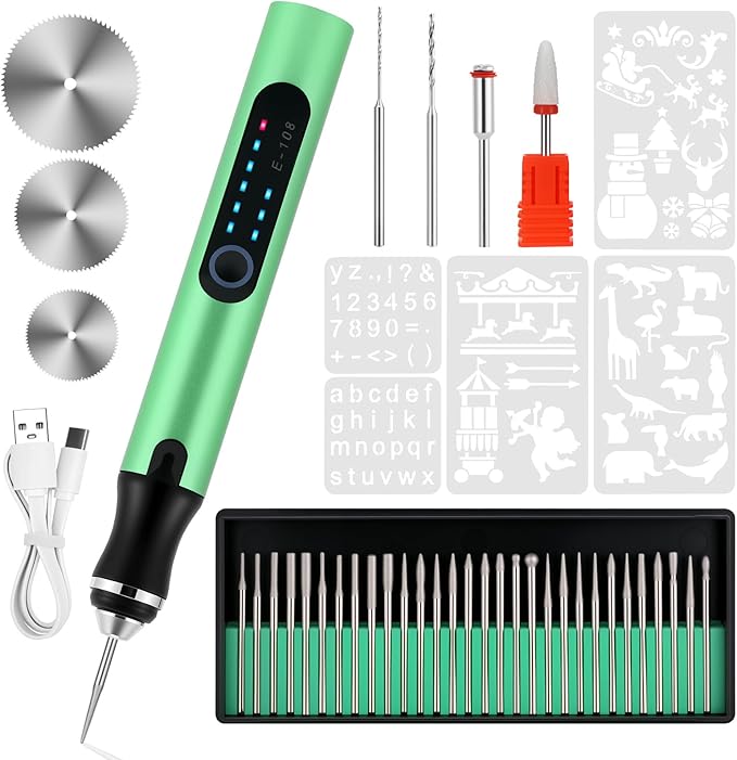 Electric Engraving Pen with 37 Bits, USB Rechargeable Cordless Etching Engraving Tool, Portable DIY Rotary Engraver for Jewelry Wood Glass Stone Carving (Green)