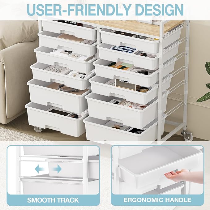 Rolling Storage Cart with 12 Drawers, Wooden Tabletop Utility Cart - Image 5