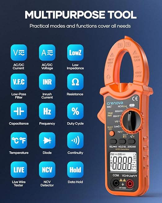 Crenova Digital Clamp Meter Multimeter 6000 Counts TRMS Voltage Tester Amp Meter for AC/DC Current/Voltage,Resistance,Capacitance,Frequency,Duty Cycle,Temperature,Continuity,Diode,NCV,Live Wire Test