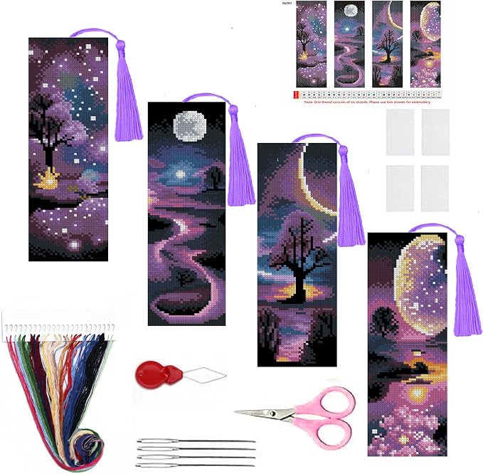 Paintcolor 4PC Starry Night Counted Cross Stitch Bookmark Kit by Paintcolordiamondpainting