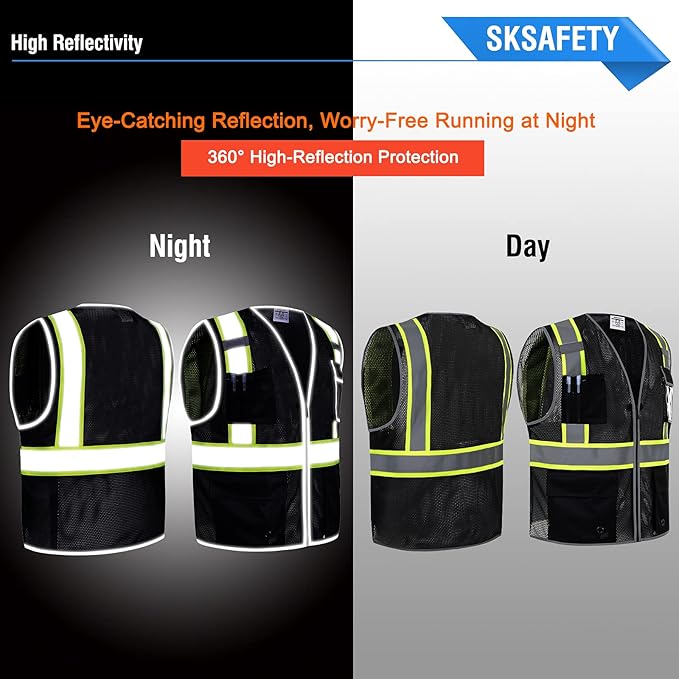 SKSAFETY 10 Pockets Safety Vest, Class 2 High Visibility Security with Zipper Double-sided mesh, Hi Vis Vest with Reflective Strips, ANSI/ISEA Standard, Construction Work Vest （Black, L）