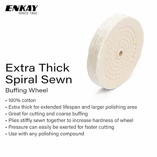 ENKAY - 6" Extra Thick Spiral Sewn Buffing Wheels (2 Pack) for Polishing Metal and More, for Use with Polishing Compounds, Buffing Machines & Bench Grinders (80 Ply Each)
