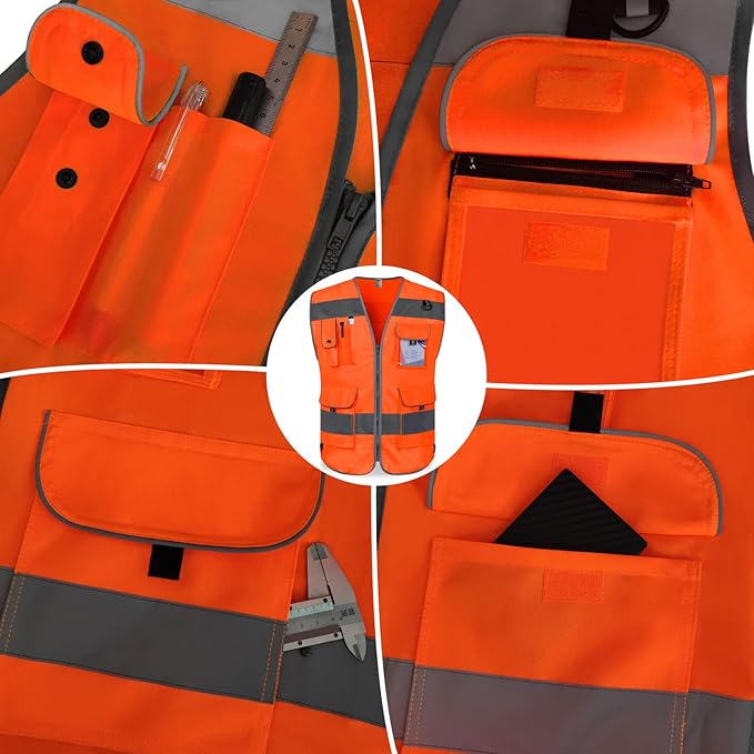 TCCFCCT High Visibility Vest 9 Pockets Hi Vis Reflective Safety Vest for Men Women, Construction Vest with Reflective Strips, Meets ANSI/ISEA Standards, (Orange, Small)