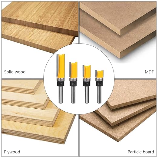 Pattern Flush Trim Bit 4 Pcs Router Bits，Top Bearing Flush Trim Bits Set，1/4 Inch Shank ,Cutting Length 1/2", 3/4", 1", 1-1/2"，Template Guide Woodworking Milling Cutter Tool