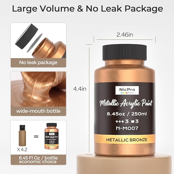 Nicpro Metallic Bronze Acrylic Paint, 8.45oz/250ml Bronze Craft Paint | Large - Image 5