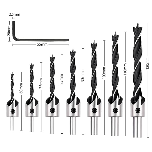 Countersink Drill Bits Set, 7-Pack High Carbon Steel Countersink Drill Bits for Wood, Woodworking Carpentry Reamer with 1 Free Hex Key Wrench