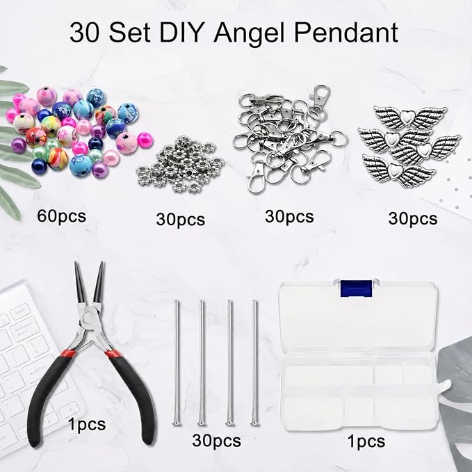 180Pcs DIY Angel Pendant Keychains Kit Includes Alloy Wing Spacer Imitated Bead - Image 4