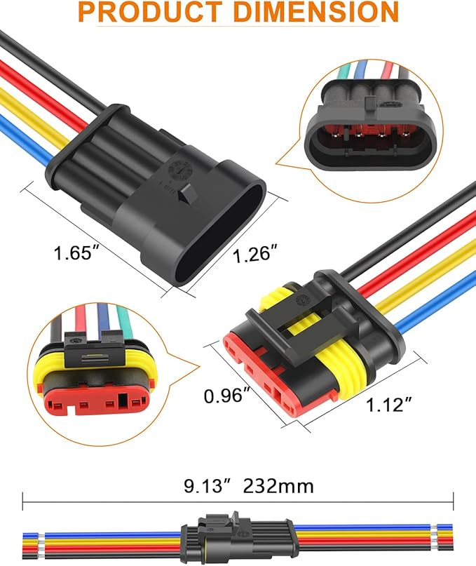 NAOEVO 4 Pin Connector Waterproof, 16 AWG 4 Wire Connectors, Automotive Electrical Connectors Male and Female Way with Heat Shrink Tubing for Car Truck Boat Wire Connection, 6 Kits