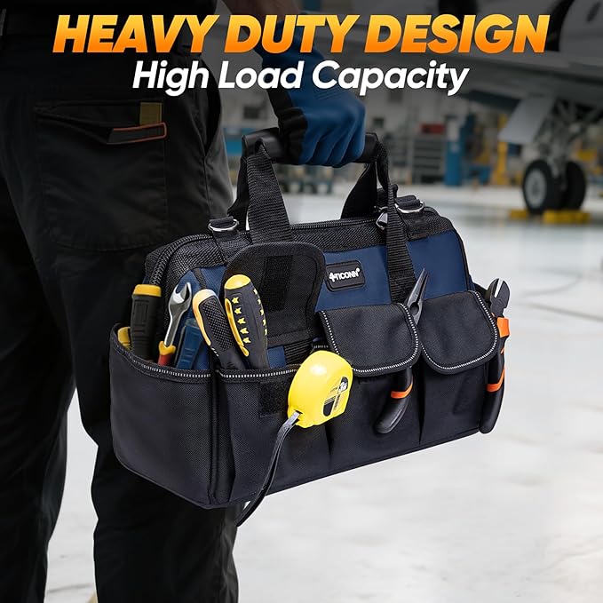 TICONN Heavy Duty Tool Bag with Multi-Pockets, Portable Tool Box Organizer Storage Bag, with Adjustable Shoulder Strap and Ergonomic Handle (Blue, 14" Standard Base)